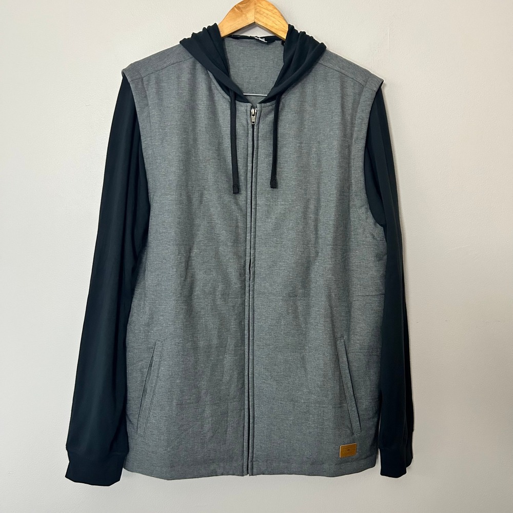 Travis Mathew Full Zip Hoodie Mens L Gray Black Quilted Hybrid Golf Jacket Vest